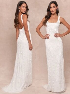 NWT Lulu’s Extraordinary Glamour White 3D Floral Beaded Backless Maxi Dress Chic